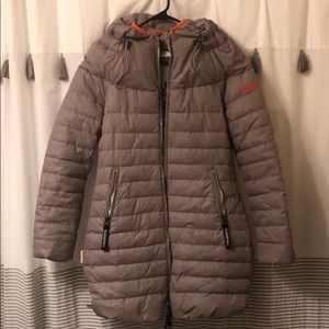 Superdry Women’s Long Grey Puffer Coat with Orange Trim